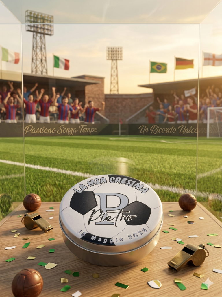 Scatolina di latta porta confetti personalizzata a tema calcio